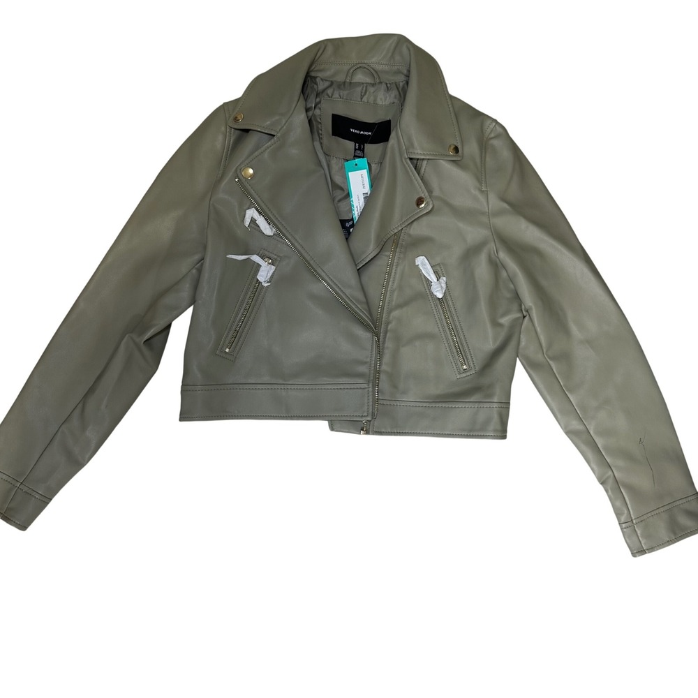 Vero Moda NWT cropped moto beige faux leather biker streetwear edgy large